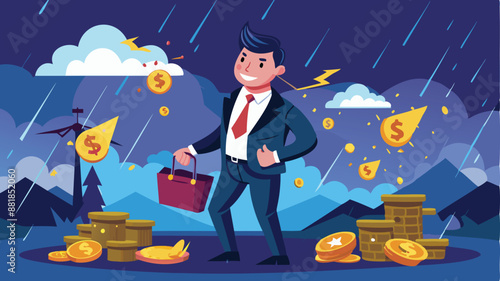 Rich Businessman Collecting Falling Money from Investment Thunderstorm as Passive Income Idea