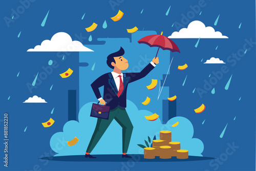 Rich Businessman Collecting Falling Money from Investment Thunderstorm as Passive Income Idea