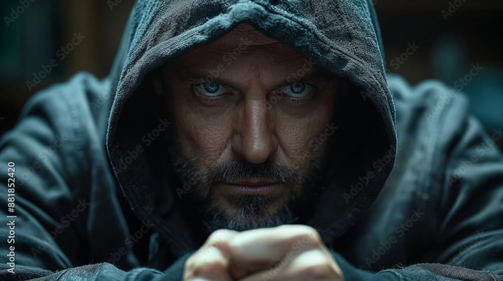 Intense close-up of hooded man with piercing blue eyes staring directly at camera, conveying menace and mystery. Concept of suspense, danger, and hidden identity. Intense close-up of hooded man with piercing blue eyes staring directly at camera, conveying menace and mystery. Concept of suspense, danger, and hidden identity.