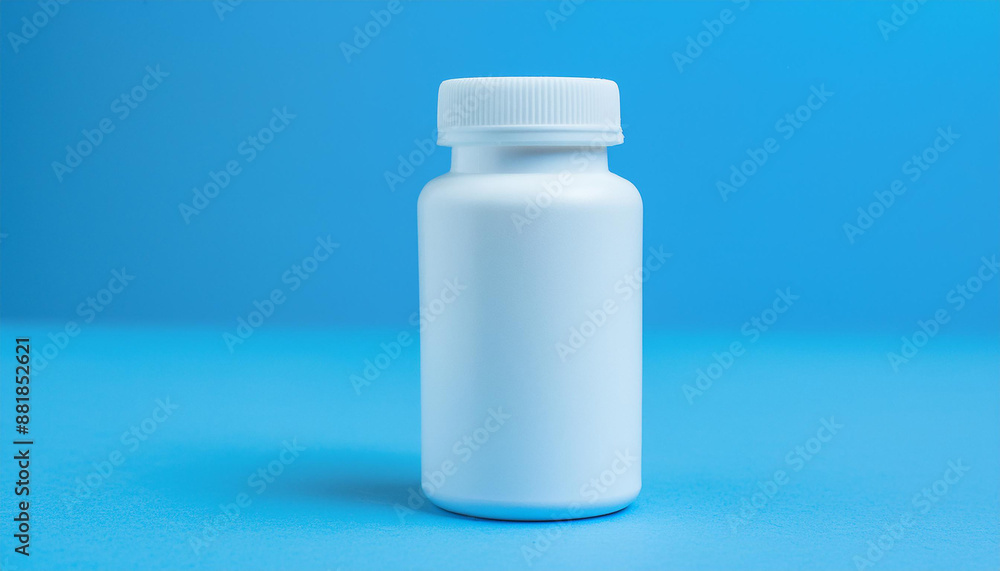 White medical plastic jar, blue backdrop. Packaging for drugs, vitamins. Pill container. Mock-up. White medical plastic jar, blue backdrop. Packaging for drugs, vitamins. Pill container. Mock-up.