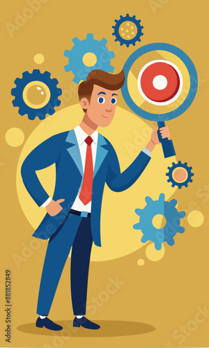 Smart businessman analyzing cogwheels with magnifying glass, representing problem-solving, process improvement, and efficient project management in business development