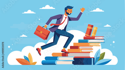 Smart Businessman Jumping Over High Books Stack to Gain Knowledge and Wisdom for Career Opportunities