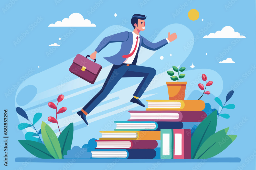 Smart Businessman Jumping Over High Books Stack to Gain Knowledge and Wisdom for Career Opportunities Smart Businessman Jumping Over High Books Stack to Gain Knowledge and Wisdom for Career Opportunities