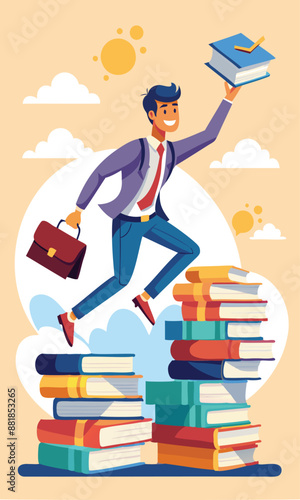 Smart Businessman Jumping Over High Books Stack to Gain Knowledge and Wisdom for Career Opportunities