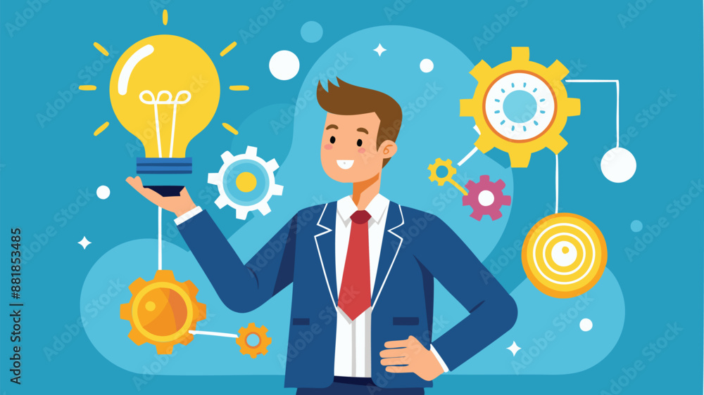 Smart Businessman Presenting Innovative Lightbulb with Cogs and Gears, Inventing New Technology Smart Businessman Presenting Innovative Lightbulb with Cogs and Gears, Inventing New Technology