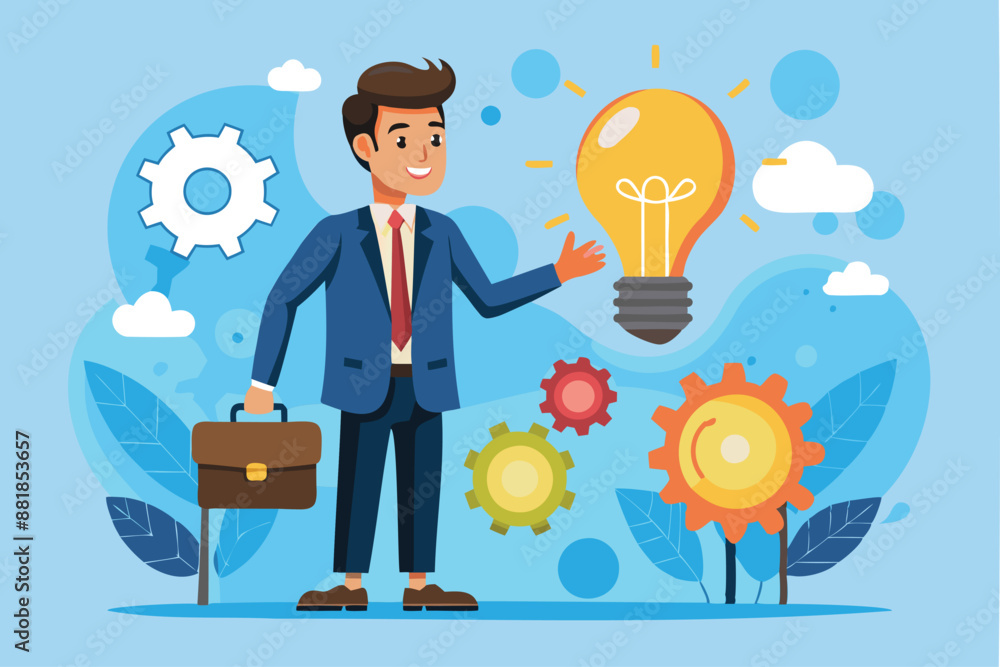 Smart Businessman Presenting Innovative Lightbulb with Cogs and Gears, Inventing New Technology Smart Businessman Presenting Innovative Lightbulb with Cogs and Gears, Inventing New Technology