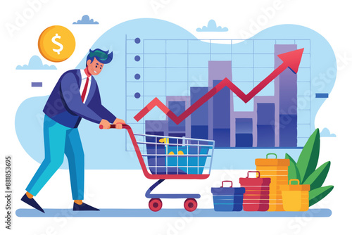 Smart Investor Buying Stocks During Market Dip, Purchasing Shares with Down Arrow Graph in Shopping Cart Concept