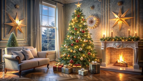 A beautifully decorated Christmas tree stands tall in a cozy living room, adorned with sparkling ornaments, soft lights, and a star atop, evoking festive magic.
