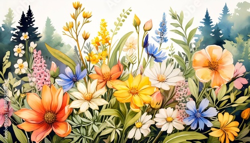 Botanical illustration of a cluster of wildflowers, showcasing diversity in plant life.