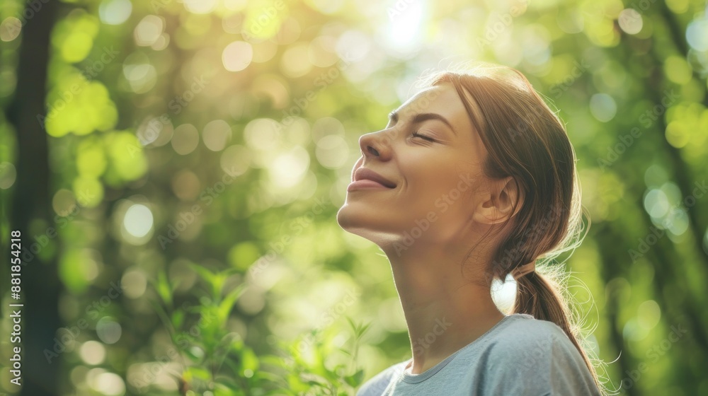 Shining as brilliantly as sun. Portrait of beautiful young woman standing in sunlit forest. Shining as brilliantly as sun. Portrait of beautiful young woman standing in sunlit forest.