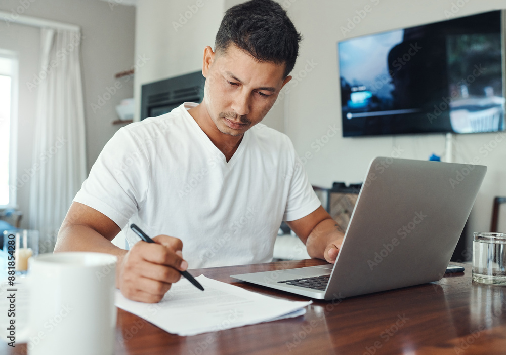 Man, laptop and writing on paper for remote work with budget analysis, investment strategy and tax info in home. Freelance accountant, pc and notes for financial research, bills and asset management Man, laptop and writing on paper for remote work with budget analysis, investment strategy and tax info in home. Freelance accountant, pc and notes for financial research, bills and asset management
