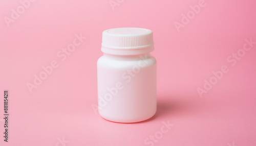 White medical plastic jar, pink background. Packaging for drugs, vitamins. Pill container. Mock-up.