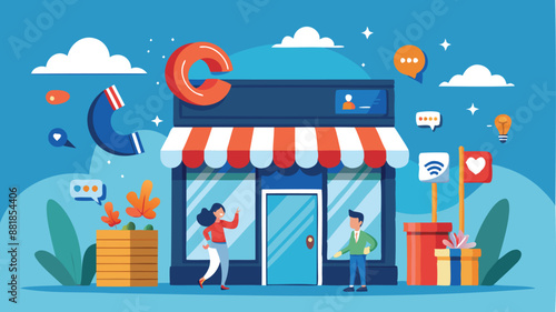 Store front with magnet attracting customers, symbolizing customer retention, marketing strategies, and sales growth through engagement and loyalty