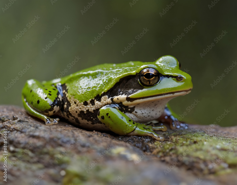 Green Spotted Frog Resting on Mossy Rock, close up Green Spotted Frog Resting on Mossy Rock, close up