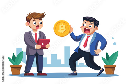 Foto Surprised Businessman Holding Bitcoin, Faced with Government Demanding Tax on Cr