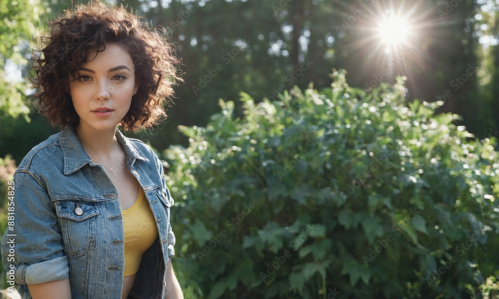 Portrait of a young woman wearing short denim shorts and a denim jacket while walking through a city park.