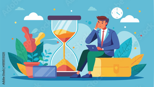 Thoughtful Businessman Ponders Business Solution While Sitting on Hourglass