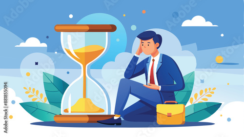 Thoughtful Businessman Ponders Business Solution While Sitting on Hourglass
