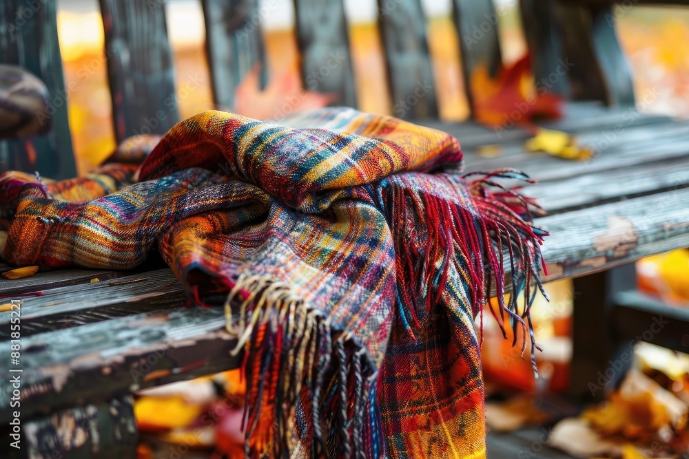 Cozy plaid scarf draped over a weathered wooden bench surrounded by autumn leaves, capturing the essence of fall comfort.