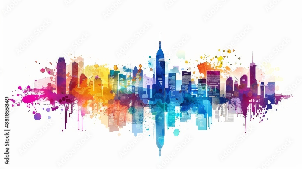 Fototapeta premium Watercolor Cityscape with Rainbow Splashes