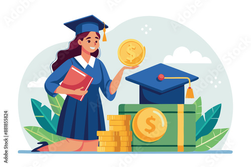 Young Woman Inserting Coin into Mortarboard Savings Box, Investing in Education Fund for College Tuition and Degree