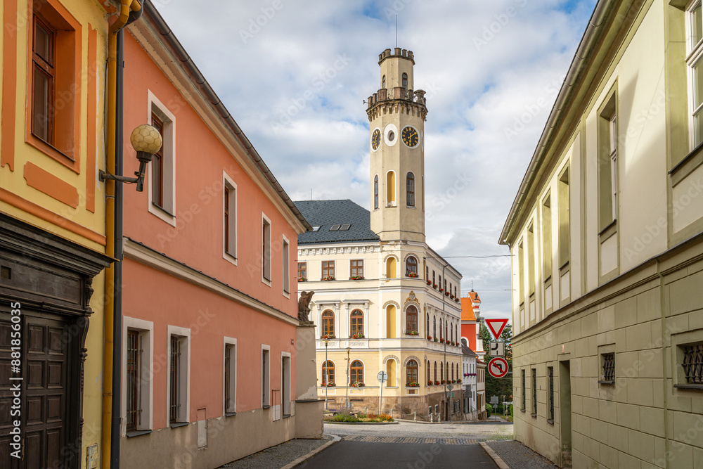 Cityscape of Klasterec nad Ohri, view of the main square with the historical town hall tower Cityscape of Klasterec nad Ohri, view of the main square with the historical town hall tower