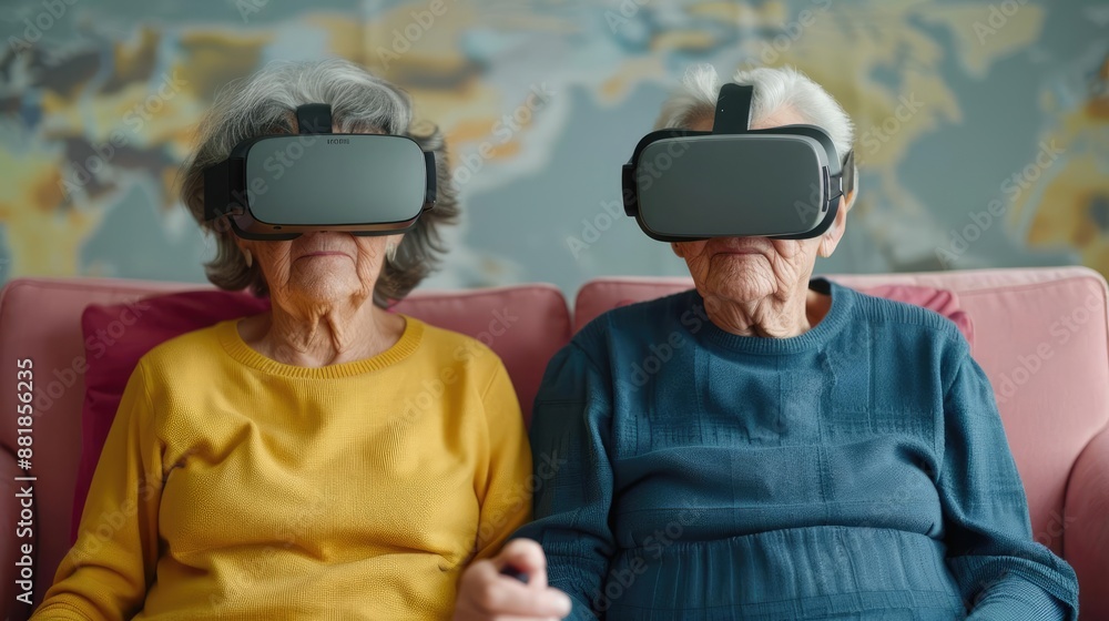 Elderly couple holding VR headset, insurance, future health security Elderly couple holding VR headset, insurance, future health security