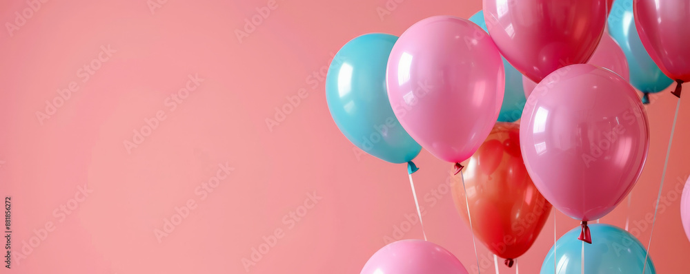 A birthday-themed background with balloons in different shapes and colors, against a pink backdrop, with room for text. A birthday-themed background with balloons in different shapes and colors, against a pink backdrop, with room for text.