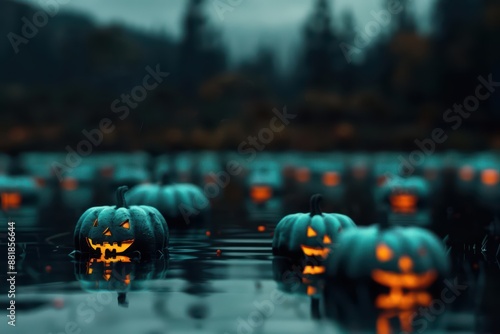 A supernatural scene unveils a spooky lakeside where the water reflects holographic images of spectral creatures and glowing jackolanterns photo