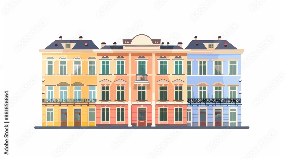 Fototapeta premium Facade of Three Colorful Buildings in a Row