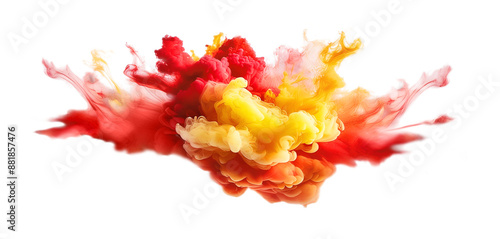 Colorful explosion splashes and color powder with red, yellow and orange. Cutout.