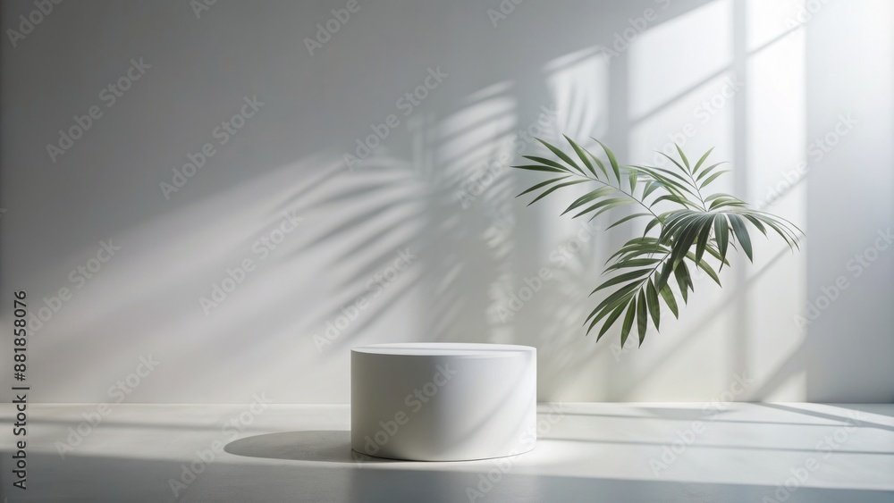 Sleek minimalist white room features a realistic cylinder pedestal podium with leaf shadow overlay for product display presentation purposes. Sleek minimalist white room features a realistic cylinder pedestal podium with leaf shadow overlay for product display presentation purposes.