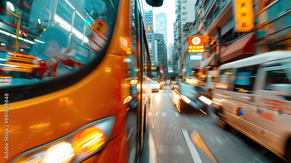 Blurry yellow buses and cars rushing through a busy downtown area, reflecting the fast-paced nature of urban life and the constant movement of city traffic. Blurry yellow buses and cars rushing through a busy downtown area, reflecting the fast-paced nature of urban life and the constant movement of city traffic.