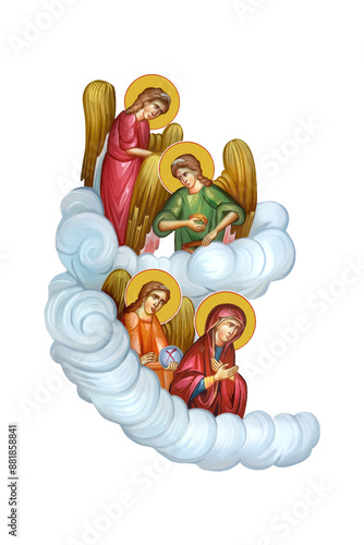 Holy Virgin Mary and Archangels Christian illustration in Byzantine style 