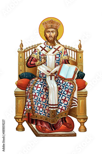 Jesus Christ the greatest Bishop sitting on the throne Christian illustration in Byzantine style 