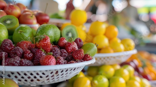 An outdoor market stand showcasing a variety of fresh berries, citrus, kiwi, and other fruits, highlighting the importance of a nutritious diet and the beauty of natural produce.