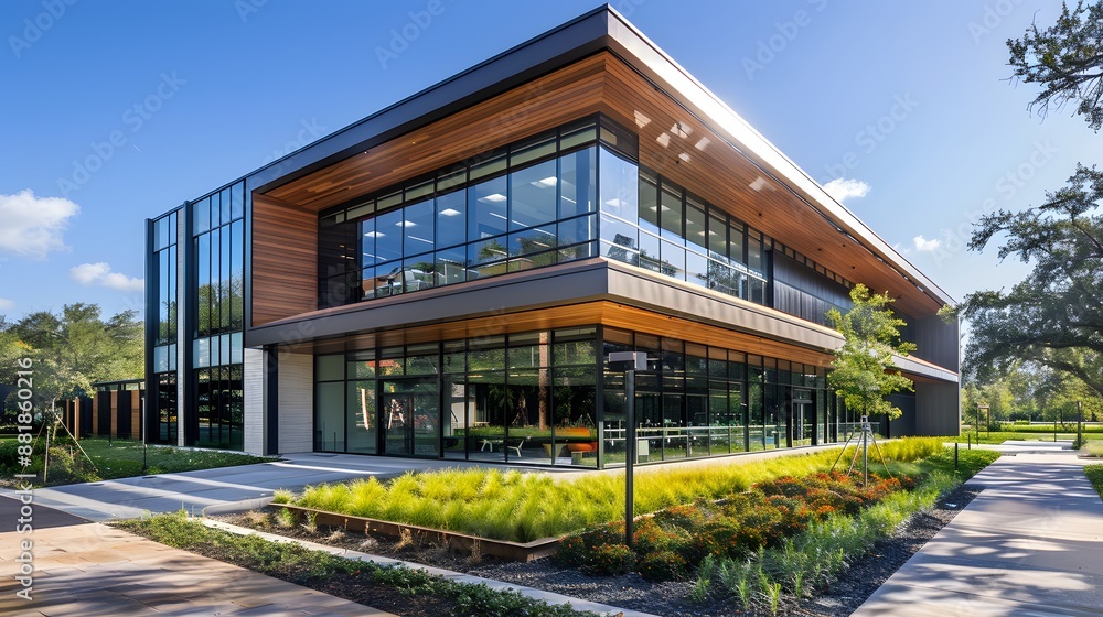 A modern office building with large windows and a wood exterior is surrounded by landscaped grounds on a sunny day. The building is set back from a paved walkway that leads to a large parking lot A modern office building with large windows and a wood exterior is surrounded by landscaped grounds on a sunny day. The building is set back from a paved walkway that leads to a large parking lot
