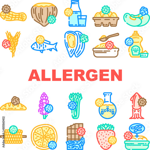 allergen product free food icons set vector. gluten sugar, egg soy, lactose vegan, gmo dairy, milk label, organic cosmetic, fat allergen product free food color line illustrations