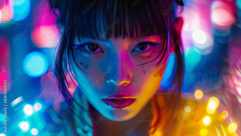 Beautiful Chinese woman out on the city streets at night colorful light spots shining through glass windows and soft lighting. Beautiful Chinese woman out on the city streets at night colorful light spots shining through glass windows and soft lighting.
