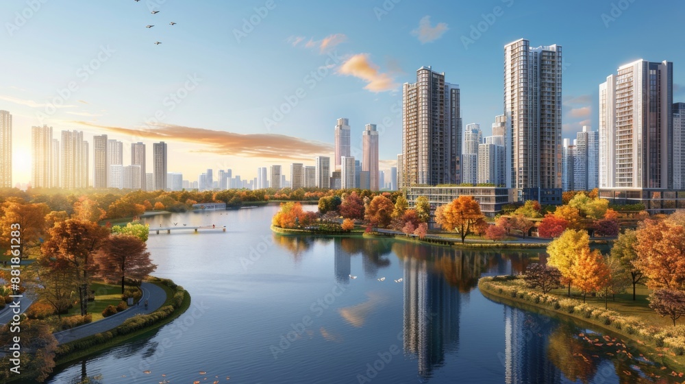 Fototapeta premium A cityscape with high-rise residential buildings and commercial towers overlooking a serene river scene.