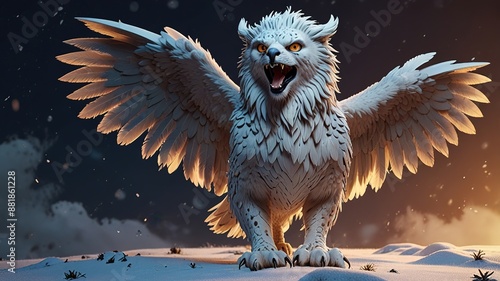 A mythical creature, a type of gryphon, head of a lion, wings of a snow owl. 3D rendering photo