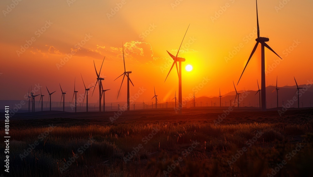 Obraz premium Wind turbines against the backdrop of an orange and blue sunset sky, symbolizing green energy production. Environment and global warming. Climate crisis co2