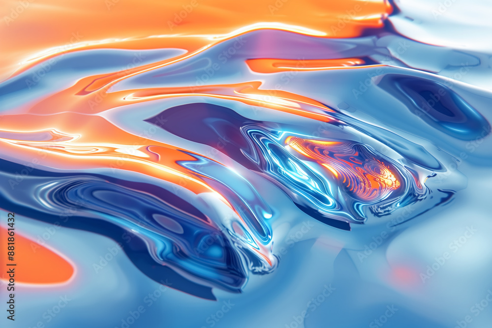 Blue and orange shiny liquid metal, abstract background Blue and orange shiny liquid metal, abstract background