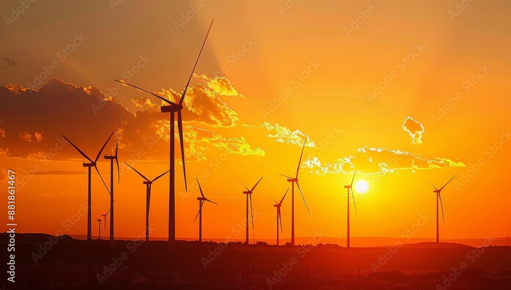 Obraz premium Wind turbines against the backdrop of an orange and blue sunset sky, symbolizing green energy production. Environment and global warming. Climate crisis co2