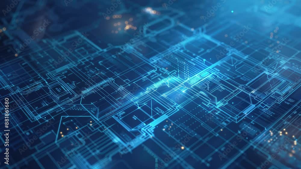 Architectural blueprint merging with technology, 4K animation video looping Architectural blueprint merging with technology, 4K animation video looping