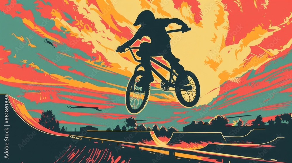 Naklejka premium Silhouette of BMX Rider Against a Colorful Sunset