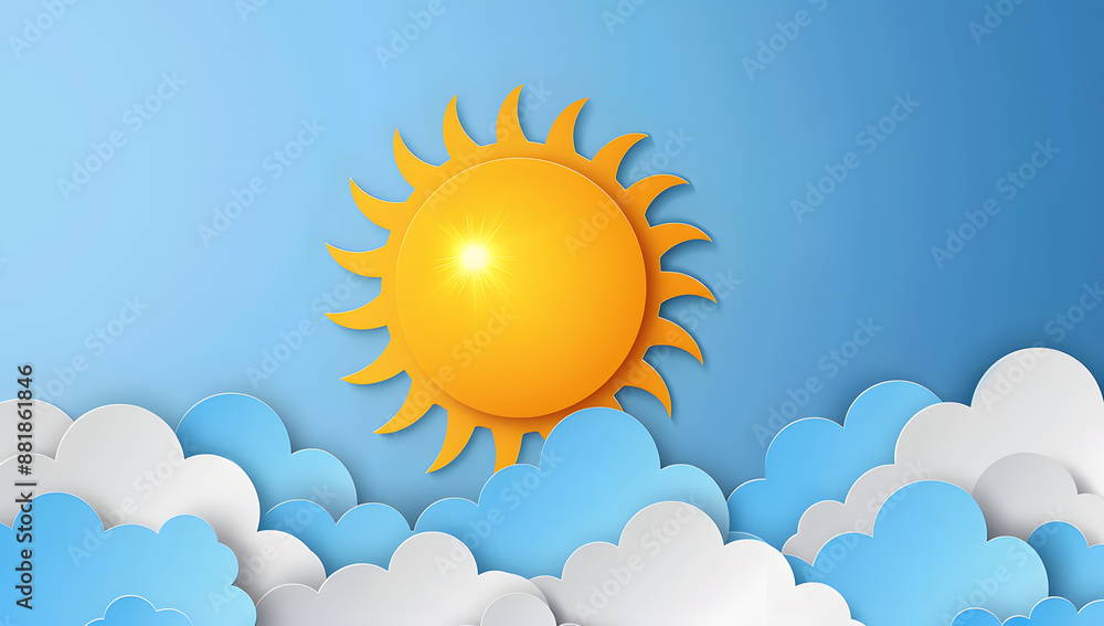 Paper cut style of sun with cloud on blue sky. Summer day concept. Vector illustration Paper cut style of sun with cloud on blue sky. Summer day concept. Vector illustration