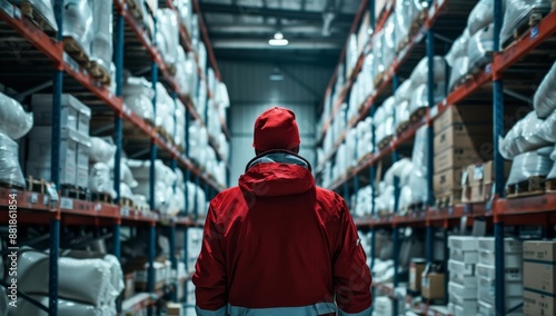 Warehouse worker in a red jacket is walking through the cold storage, surrounded by shelves filled with white plastic boxes and various goods. © MD Media