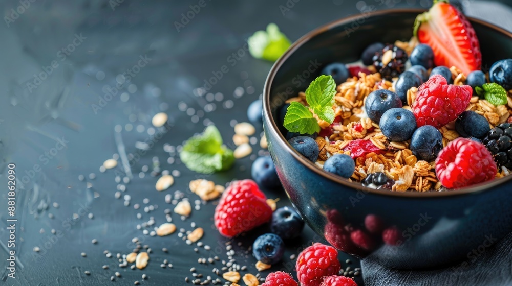 Nutritious Morning Meal Granola Muesli with Milk and Berries Nutritious Morning Meal Granola Muesli with Milk and Berries
