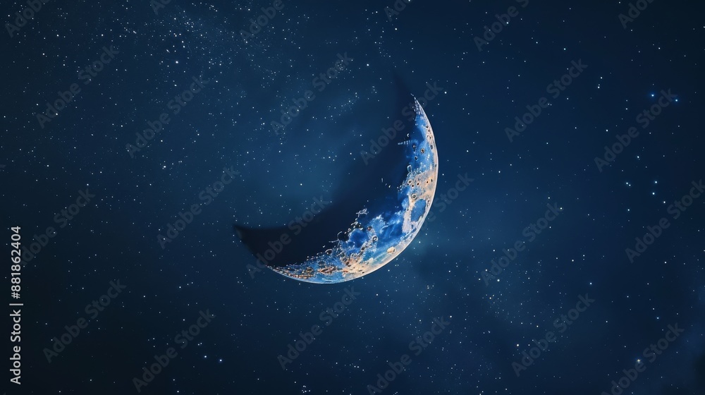 A close-up of a crescent moon against a deep blue night sky, surrounded by twinkling stars. A close-up of a crescent moon against a deep blue night sky, surrounded by twinkling stars.